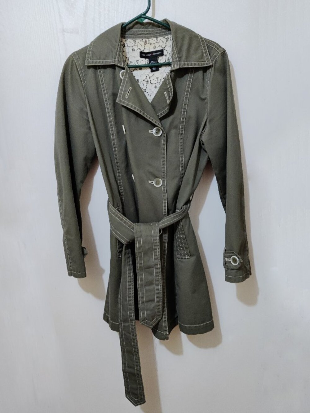 New York & Company Women M Army Olive Green Double Breasted Coat Only Worn Twice